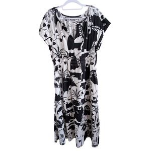 Nicole Miller New York Linen Blend Tropical Floral Maxi Dress Black White Large